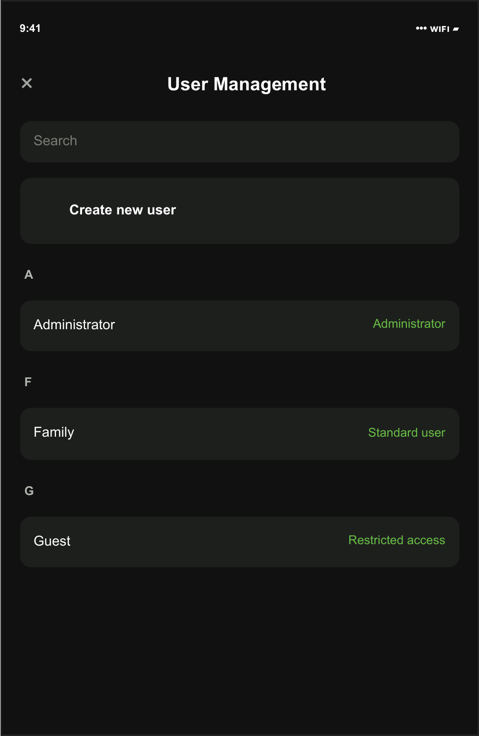 Loxone User Management screen